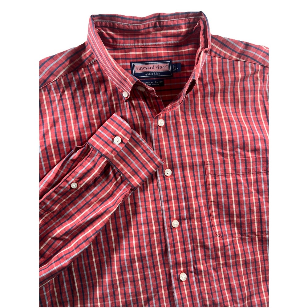 Vineyard Vines Murray Shirt Mens Large Red White Blue Stripe Fit Casual Work